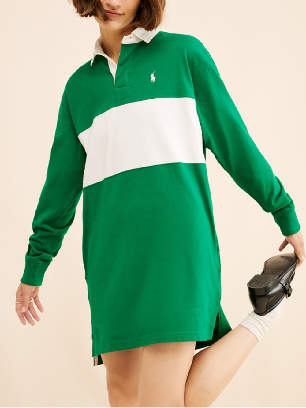 Ralph Lauren Polo Jersey Rugby Long Sleeve Dress in Green and White